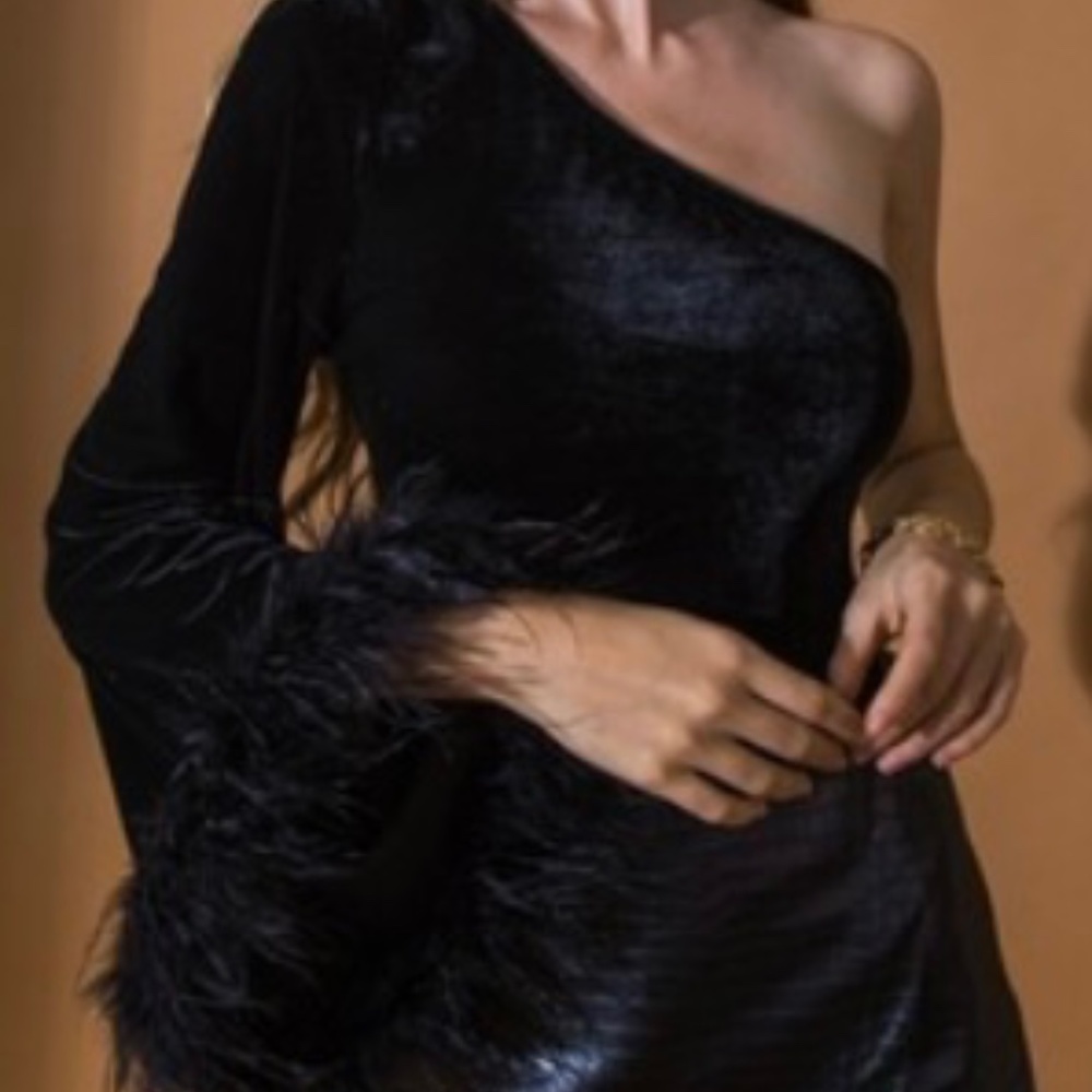 BLACK VELVET ONE SLEEVE BODYSUIT WITH FEATHER DETAILS ON THE SLEEVE - Picture 8 of 9